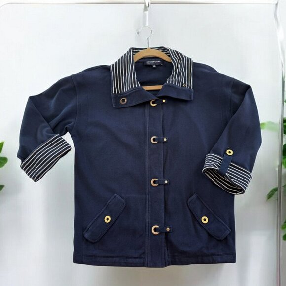 Jones NY Nautical Yachting Cotton Stretch Navy Blue Stipe Knit Shacket Jacket - Picture 1 of 9
